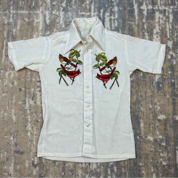 1960s Vintage Linen Blend Cardinal Bird Button Front Top 12/14 - Picture 1 of 7